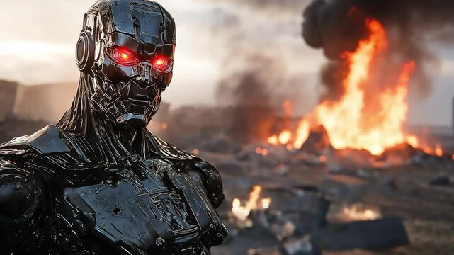An villainous robot and battle worn landscape reveals a world in ruins with destroyed buildings, Robot's in the devastation	