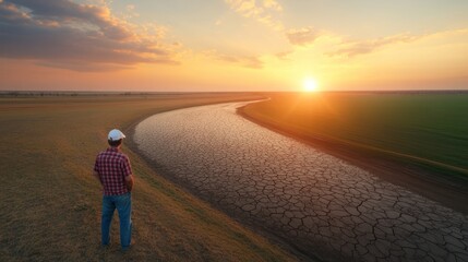 Fototapeta premium Sunset reflections on a dry riverbed rural landscape natural environment aerial view climate change awareness