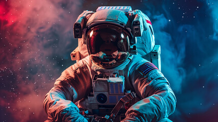 Obraz premium This astronaut is readying for an adventure in suborbital space, surrounded by cosmic colors.