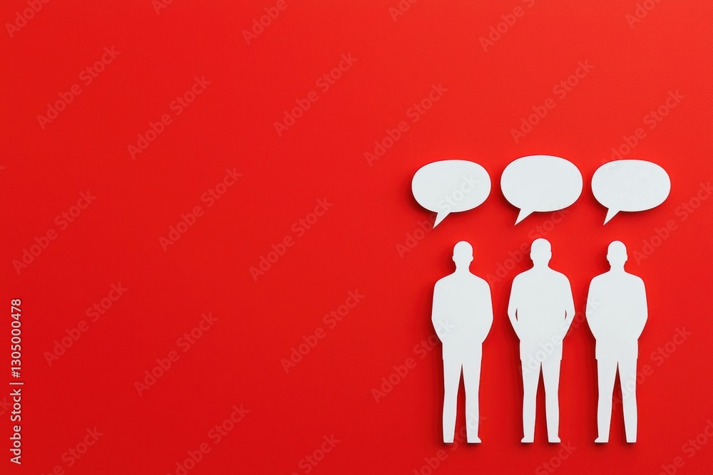 Poster three abstract figures with speech bubbles on a vibrant red background.