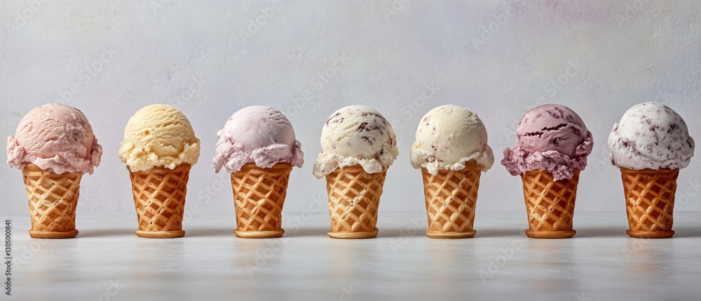 Poster delightful assortment of ice cream cones in a row offering a sweet and refreshing treat with vibrant