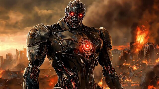 An villainous robot and battle worn landscape reveals a world in ruins with destroyed buildings, Robot's in the devastation	