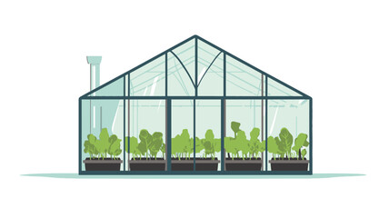 Obraz premium A digital illustration of a greenhouse. The greenhouse is depicted as a rectangular structure with a gabled roof, constructed from a dark metal frame and transparent glass panels. Inside,