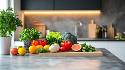 Modern and bright fruit kitchen counter with colors and vegetables, soft and natural lighting. generative ai