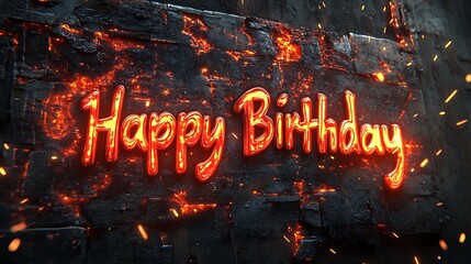 Happy Birthday graffiti with flaming edges and a glowing red-hot core, sparks flying outward, set on a weathered metal wall with scorch marks, vivid fire effects creating a dramatic,