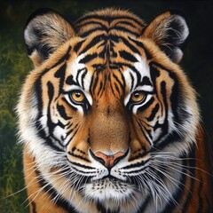 Obraz premium Closeup Portrait of a Majestic Tiger Against Dark Green Background