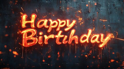Happy Birthday graffiti with flaming edges and a glowing red-hot core, sparks flying outward, set on a weathered metal wall with scorch marks, vivid fire effects creating a dramatic,