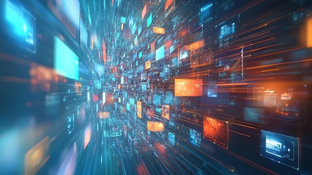 Abstract background featuring digital media content, news, and video tiles displayed on a screen with a blur effect. A dynamic representation of big data, social networks, and technology, incorporatin