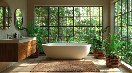 Fototapeta premium Serene Bathroom Oasis with Large Freestanding Bathtub Surrounded by Lush Greenery and Natural Light
