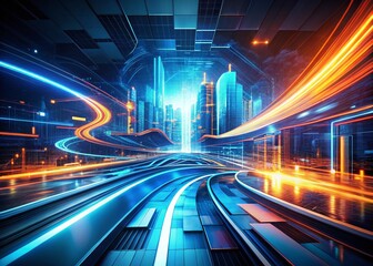 Fototapeta premium Abstract Tech Background: Network Light Effect, Blue Orange Sound Waves, AI Generated