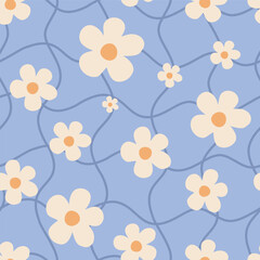 Seamless abstract checkered pattern with white flowers on blue background, vector illustration for packaging, fabric and textile