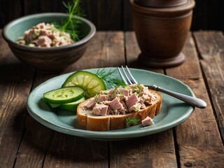 Rustic Tuna and Cucumber Sandwich on Wooden Table - Healthy Lunch or Snack with Fresh Organic Ingredients