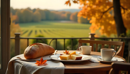 French Breakfast with Baguette, Cheese, and Espresso Autumn Morning Coffee with a Scenic Fall View on a Balcony Overlooking Autumn Foliage and on a Wooden Table with Fall Leaves
