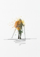 Watercolor illustration of a hiker with a backpack and trekking poles walking outdoors