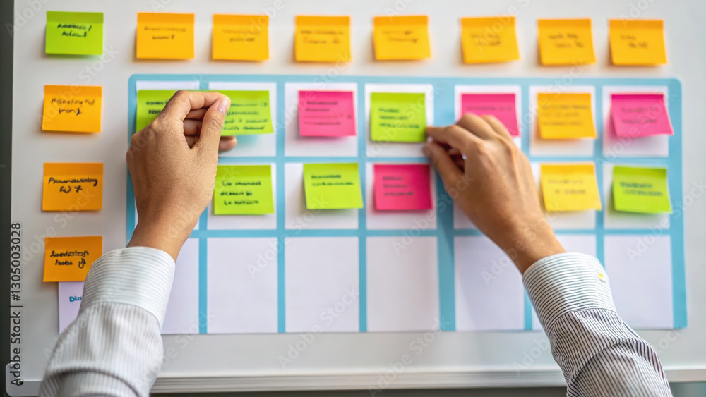 Poster hands arranging colorful sticky notes on whiteboard for brainstorming