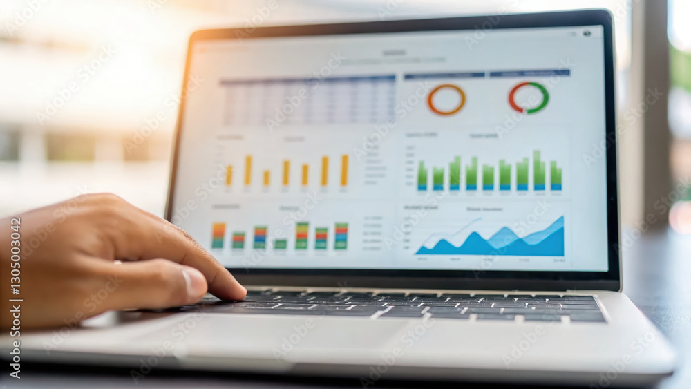 Poster hand adjusting business kpi dashboard on laptop screen displaying various graphs and charts