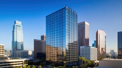 Fototapeta premium City skyline, modern skyscrapers, urban landscape, daytime view. Possible use Business, investment, architecture