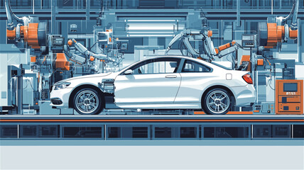 Fototapeta premium The image is a digital illustration depicting a white coupe on an automated assembly line. Two robotic arms are visible on either side of the vehicle, performing tasks. The background