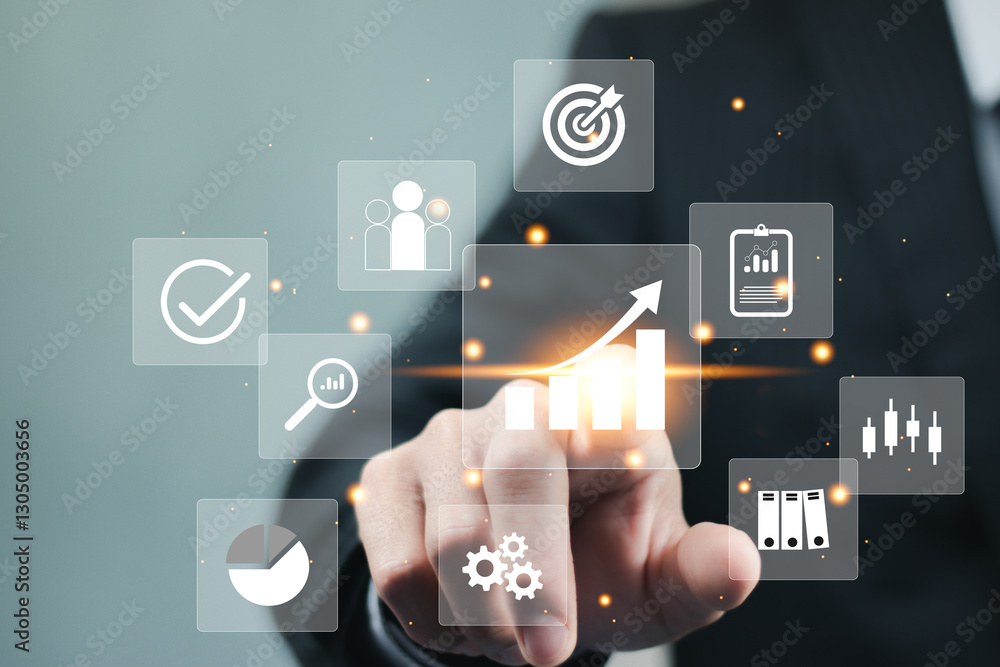 Poster businessman or analyst working with business analytics and data management system on virtual screen,
