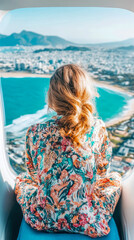Coastal escape: A serene view from above, woman contemplates the beautiful landscape, design for vacation blog or a travel-themed website.