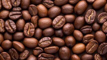 Naklejka premium Close-up view of various roasted coffee beans scattered on a textured surface, showcasing rich color
