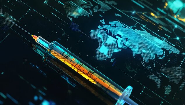Global vaccination, syringe over world map - Powered by Adobe