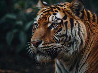 Fototapeta premium Stunning Close-Up Portrait of a Majestic Endangered Tiger in Its Natural Jungle Habitat: Remarkable Wildlife Preservation & Biodiversity in Asian Tropical Forests.