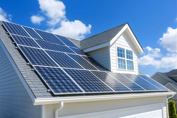 Fototapeta premium House with rooftop solar panels under sunny blue sky representing renewable energy,eco-friendly living,sustainable power solutions,modern environmental conservation technology for clean energy concept