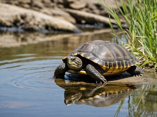 Obraz premium Close-Up Photo of Turtle in Serene Pond: Exploring Reptilian Species in Natural Water Habitat - Wildlife and Nature Photography Focused on Turtle Behavior and Biodiversity Conservation