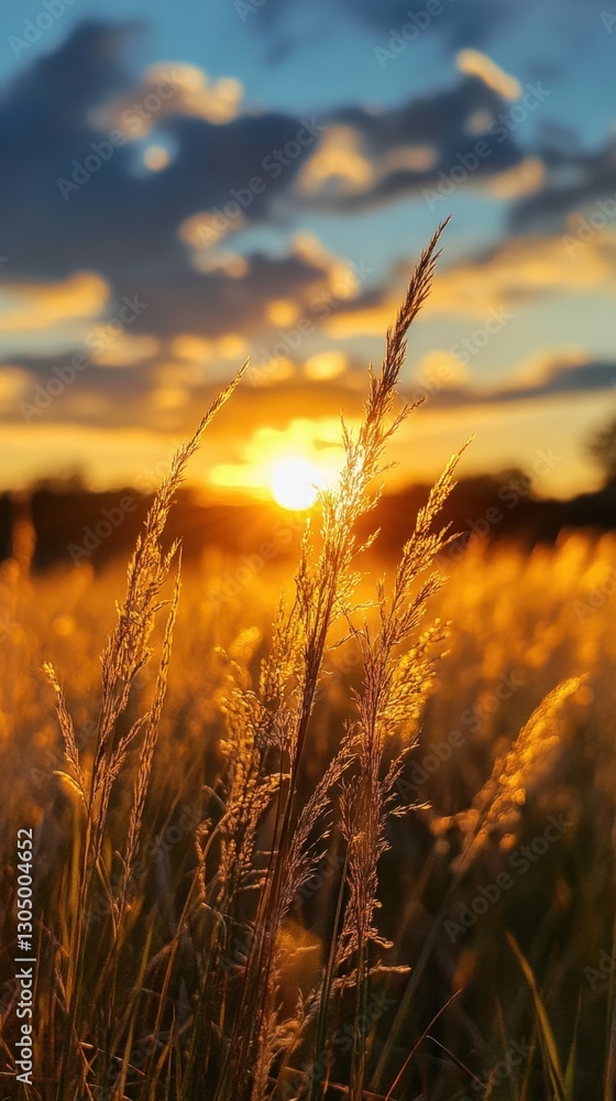 Poster golden hour illuminates a field of tall grass with a warm and inviting glow creating a serene and pi