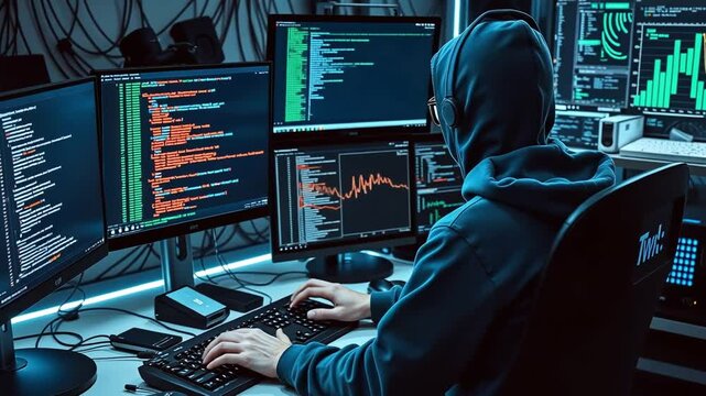 Hacker working late at night, surrounded by multiple computer screens displaying lines of code and data. Focus on the hooded figure's back.