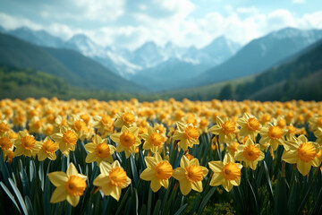 Fototapeta premium a field of yellow flowers with a mountain in the background with clouds in the sky and a blue sky,