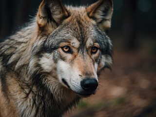 Obraz premium Close-Up Portrait of a Majestic Gray Wolf in its Natural Habitat: A Stunning Capture of This Endangered Wild Animal in the Forest Wilderness