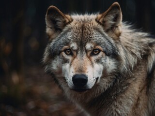 Fototapeta premium Majestic Grey Wolf Portrait in Natural Forest Habitat - Wildlife Photography of a Powerful Predator in North America