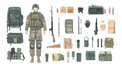 A digital illustration depicts a full-length rendering of a soldier in camouflage uniform standing with various pieces of military equipment and weapons arranged around him on a white