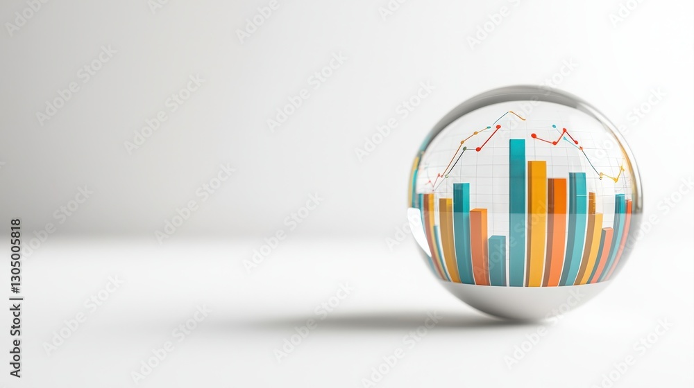 Poster a glass sphere displays colorful bar graphs and lines, symbolizing data analysis and statistical tre