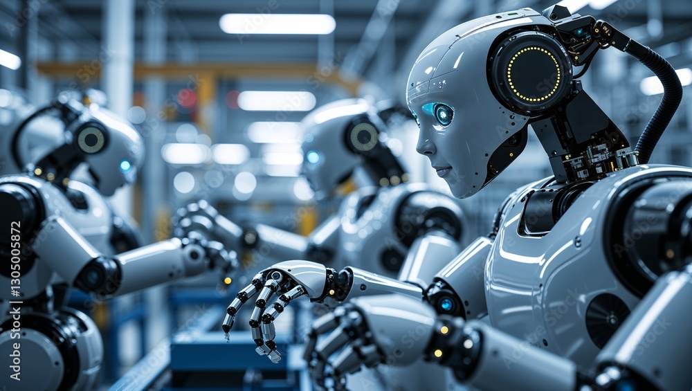 Poster robots collaborating in a high-tech manufacturing facility during a daytime shift