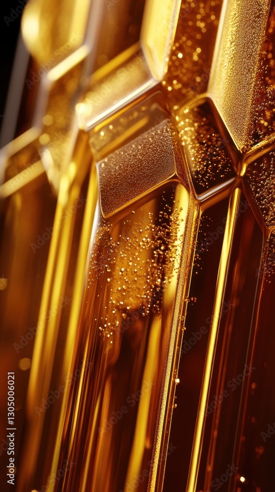 Poster abstract amber liquid with geometric patterns and sparkling bubbles creating a luxurious and elegant