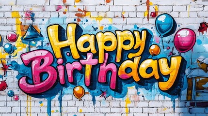 Urban graffiti "Happy Birthday" design in bold, colorful bubble letters, paint splatters and drips adding energy, textured old brick wall with cracks and graffiti tags in the background,