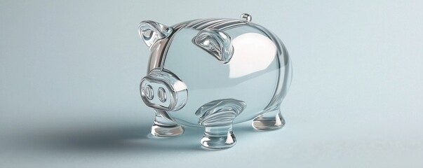 A transparent glass piggy bank sits on a soft blue surface, reflecting light and symbolizing savings and financial goals.