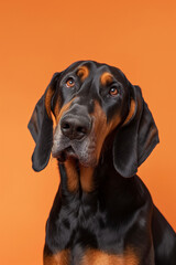 Black and Tan Coonhound dog on minimalistic colorful background with Copy Space. Perfect for banners, veterinary ads, pet food promotions, and minimalist designs.