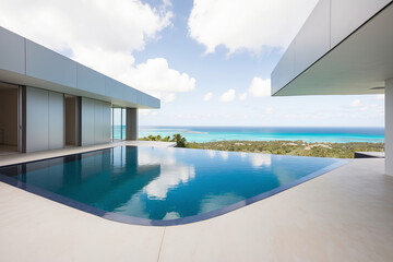 Fototapeta premium View of a luxurious modern villa with an infinity pool overlooking the turquoise ocean and a tropical island.