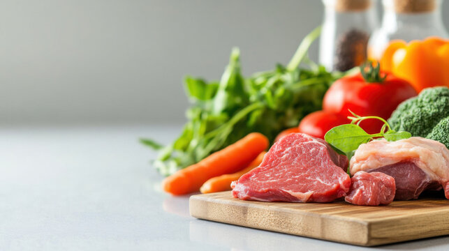 Fresh cuts of meat and vibrant vegetables on wooden board, showcasing raw diet pet food concept. colorful assortment includes tomatoes, carrots, and greens
