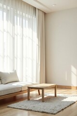 Fototapeta premium Serene Sunlight Illuminates Minimalist Living Space Featuring Light Wood Coffee Table and Plush Sofa