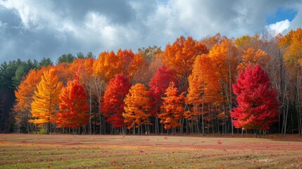 Vibrant autumn foliage in a park under cloudy skies