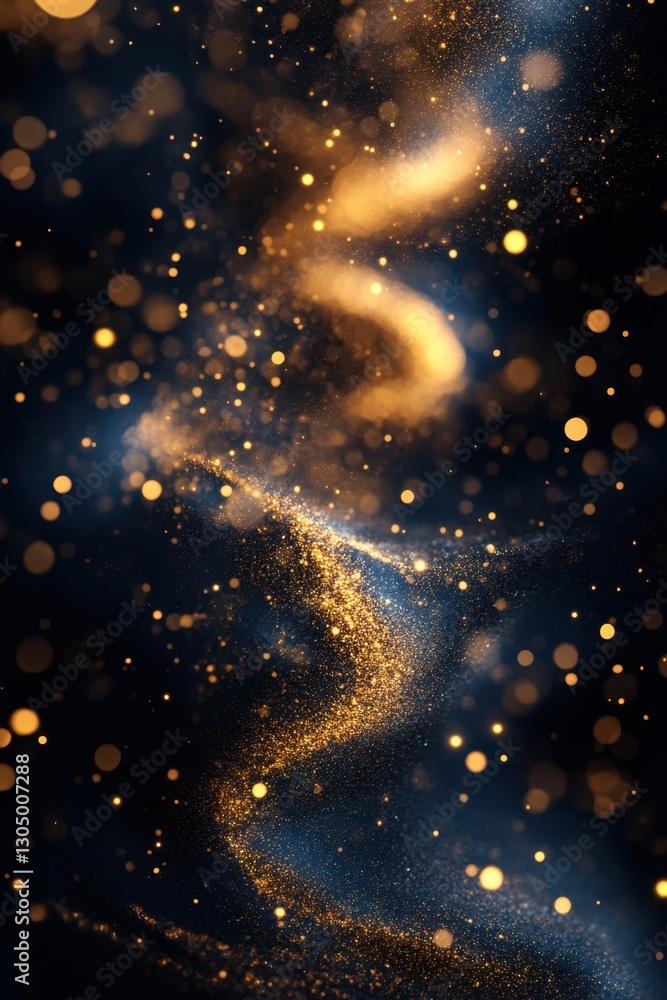 Poster ethereal golden light trail against a dark blue backdrop creating a mesmerizing cosmic galaxy effect