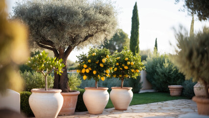 A sun-drenched garden boasts potted lemon trees and mature olives, creating a tranquil escape.