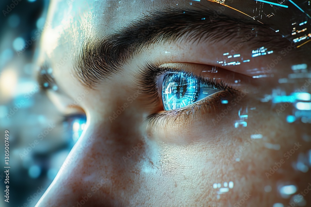 Poster close-up view of a person's eye reflecting digital elements in an abstract futuristic setting