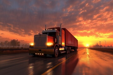 A cargo truck driving on a long highway at rainy, symbolizing logistics and land transportation. The scene conveys efficiency, and the dynamic movement of freight delivery. Industry business purpose.