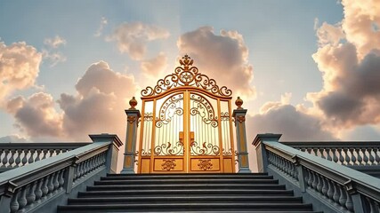 Golden Gate to Heaven. Majestic stairs ascend towards a glorious golden gate set against a dramatic sunset sky. - Powered by Adobe